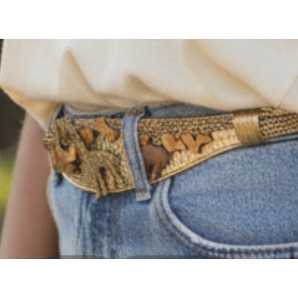 CAROLYN TANNER 80s Statement Belt Adjustable SAFARI WOOD METAL GIRAFF GOLD
